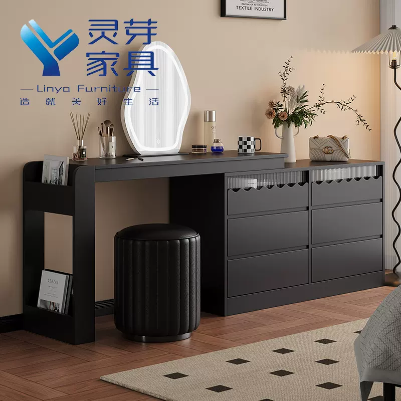 法式复古伸缩旋转梳妆台现代极简实木斗柜妆台一体卧室轻奢化妆桌