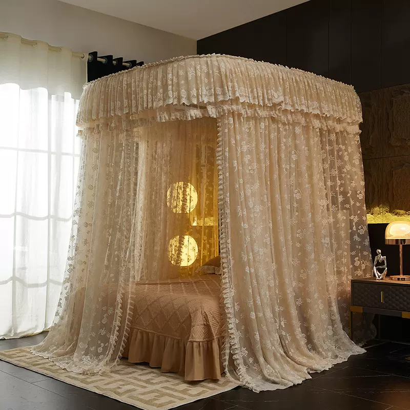 2025新款双层蕾丝轨道蚊帐U型导轨三开门落地蚊帐公主风一件代发