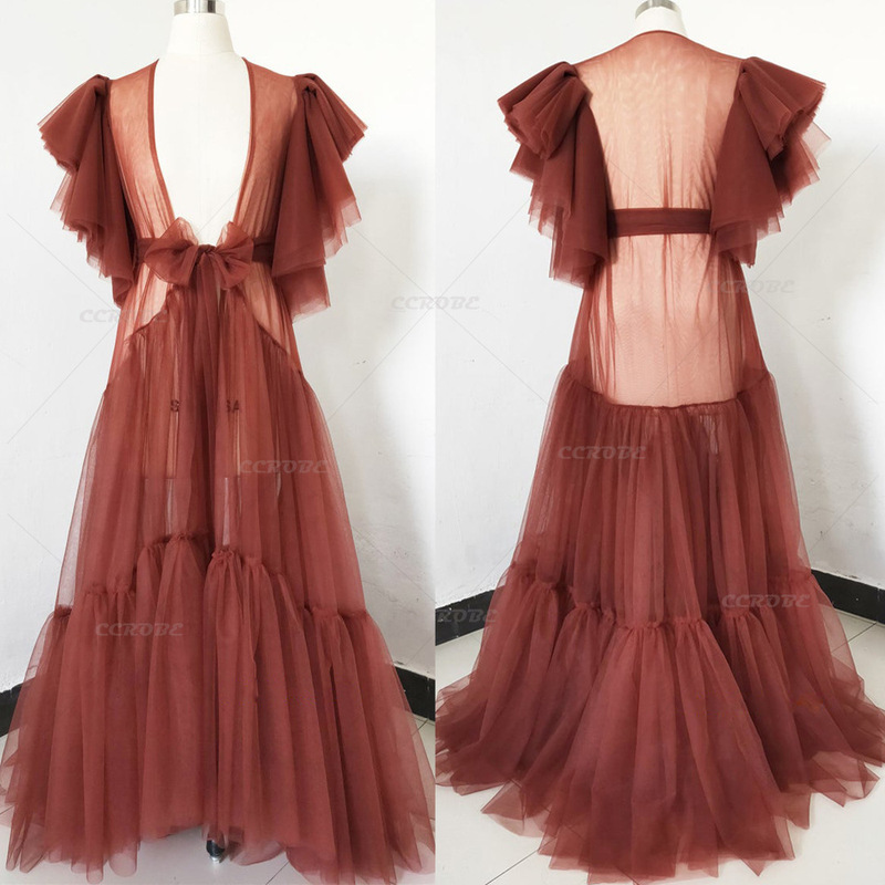 Maternity Robe, Open-Front Kimono, Nightgown, Sheer Tulle Bridal Gown, Wedding Dress, Pregnancy Photoshoot Dress, Long-Sleeved