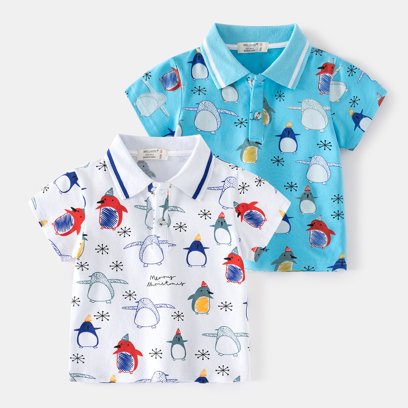 White printed summer fashionable boy's short-sleeved Pearl cotton polo shirt cartoon penguin printed cute polo shirt