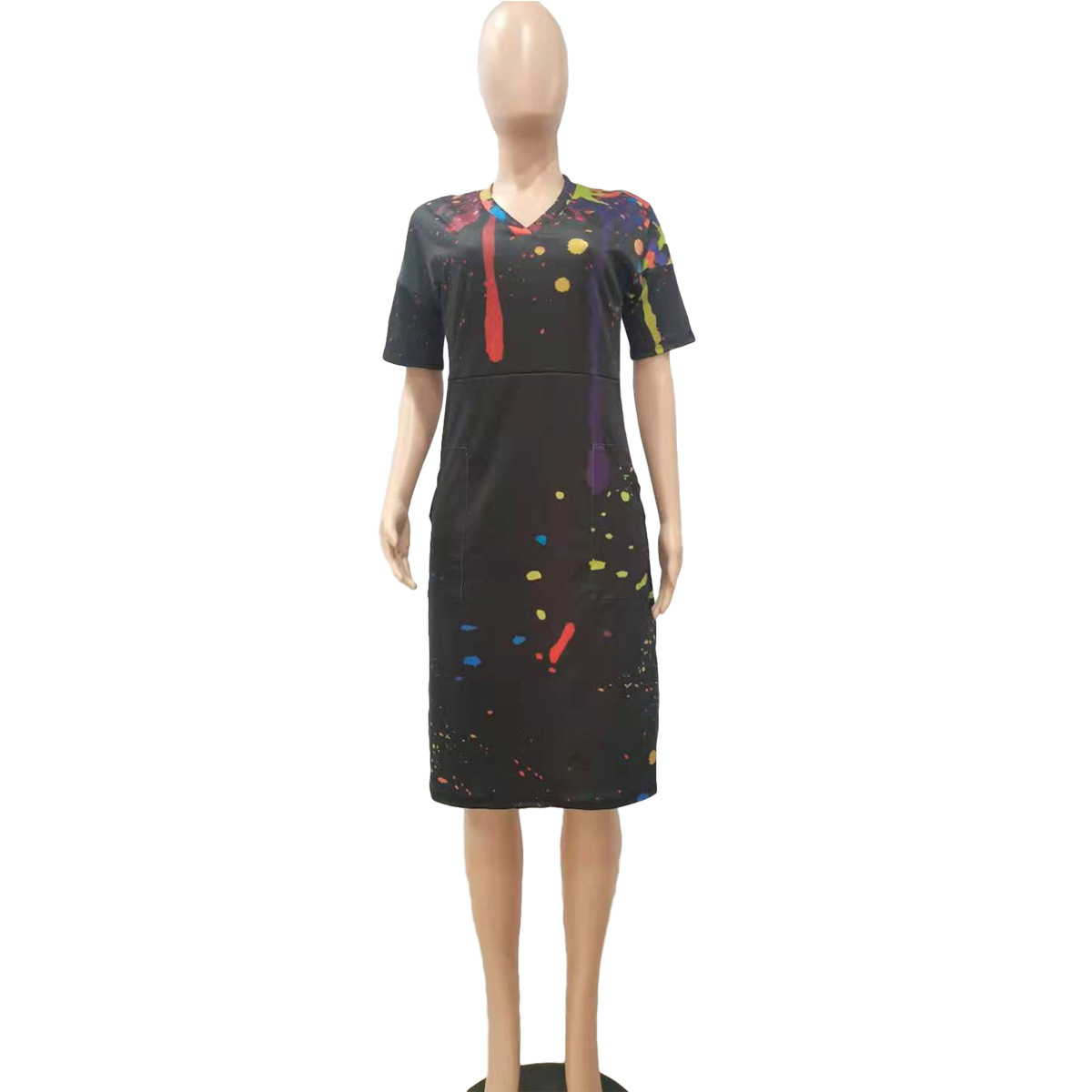Loose Splashed Ink Printing V neck Casual Dress with Pocket