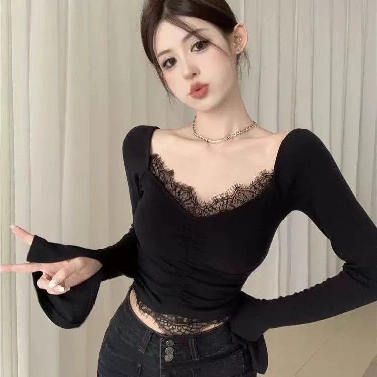 Трансграничная внешняя торговля чистая желание V-образным вырезом кружева с длинными рукавами футболка женская весна и осень сексуальная пупочная рубашка