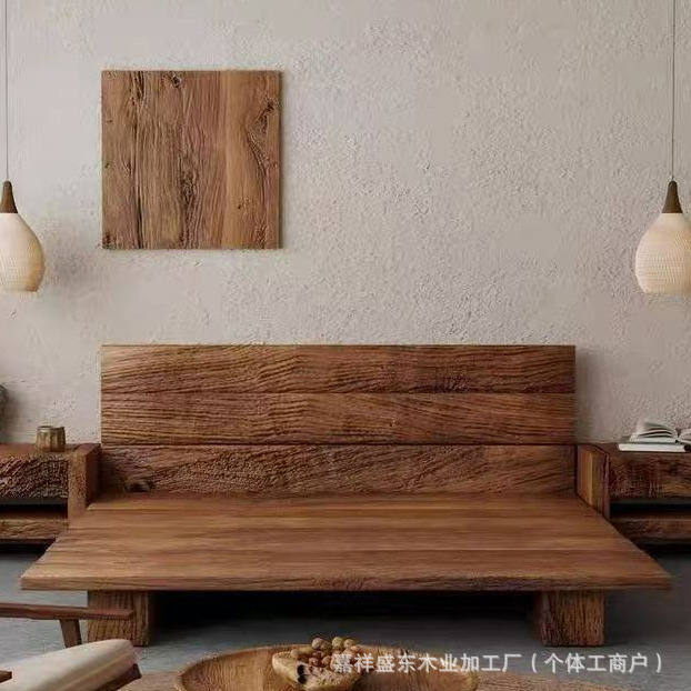 Chinese Old Elm Large Bed Hotel B&B Solid Wood Double Bed Weathered Old Elm Single Bed Zen Retro Wedding Bed