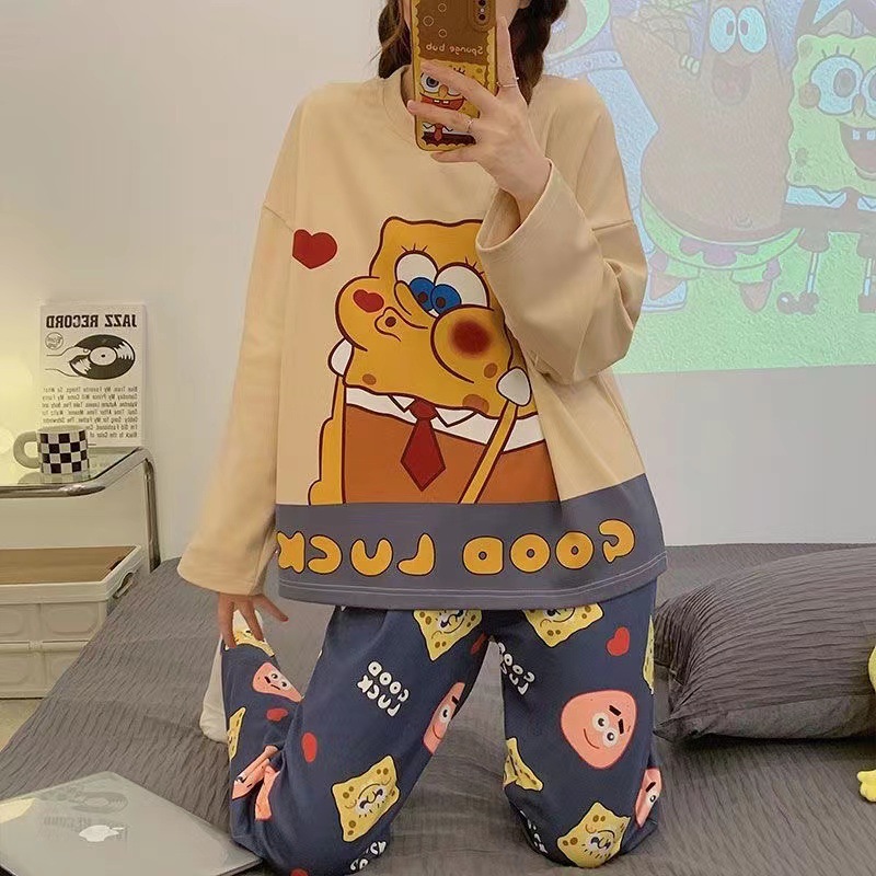 Pijamas de las mujeres de primavera y otoño estudiante ins dormitorio se puede usar fuera suelta más tamaño de dibujos animados de manga larga traje homewear