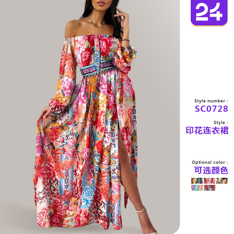 2027 Cross-Border Summer Evening Dress European and American Style Printed One-Shoulder Pullover Retro Long-Sleeve Flared Slit Long Dress