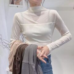 半高领网纱打底衫女秋冬薄款内搭修身纱衣高级感长袖双层蕾丝上衣