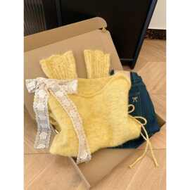 仅用于产品展示勿拍-蕾丝飘带设计感黄色毛衣女秋冬外穿套头蝴蝶