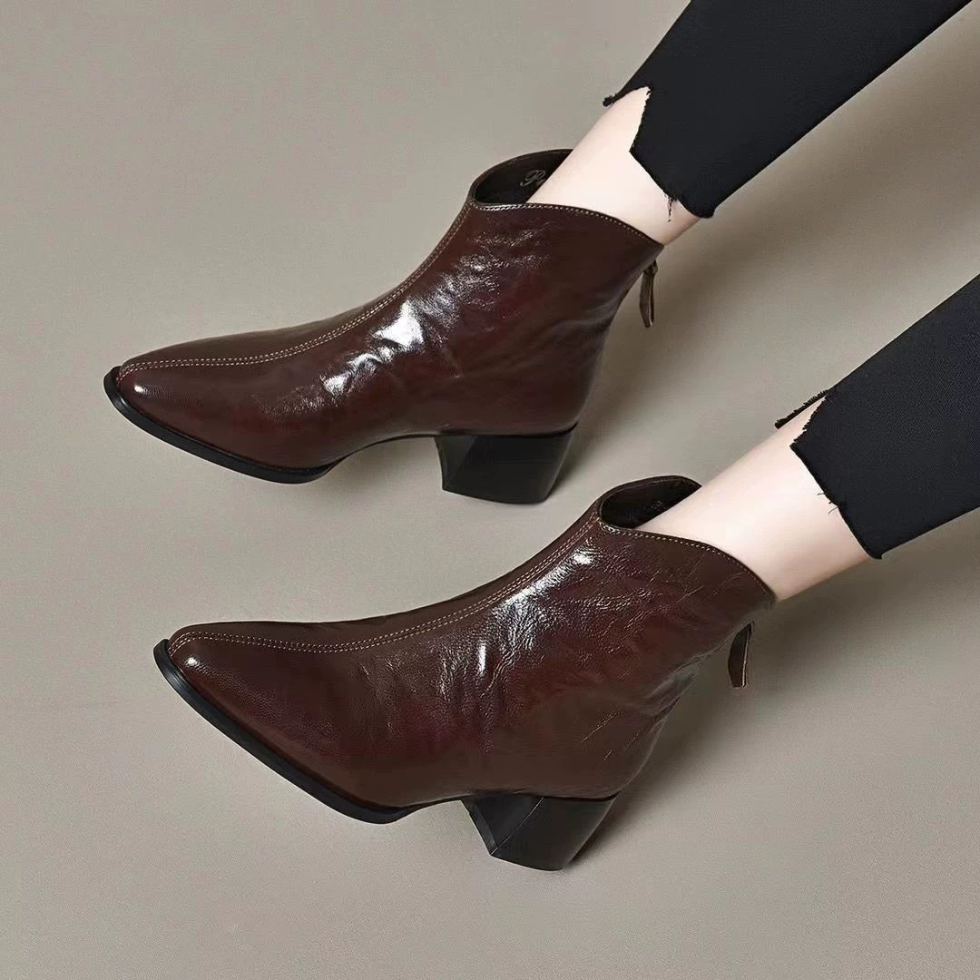 Universal low boots pointy toe, fleece chain with zipper, fitted