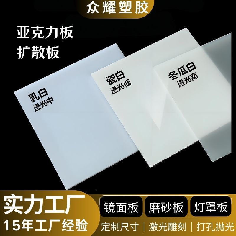 乳白色亚克力板透明有机玻璃磨砂灯罩扩散板瓷白奶白灯光倒影面板