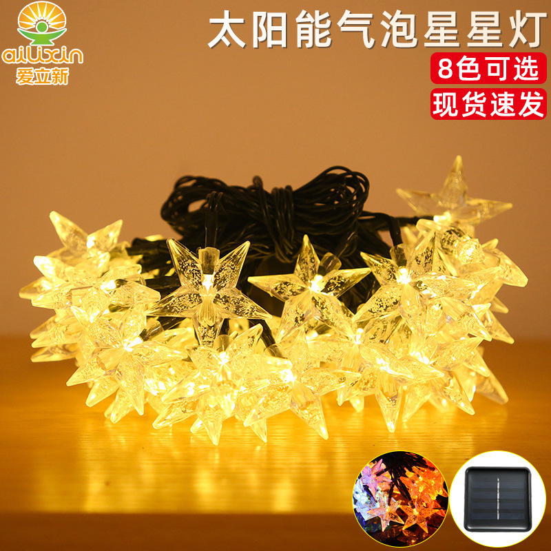 Transfronterizo nuevo LED solar estrella luz cadena al aire libre impermeable patio Decoración LED burbuja estrella color intermitente luz cadena