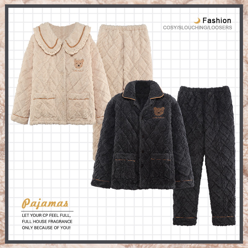 Jiao Caimeng pijamas de pareja de invierno coral polar de tres capas acolchadas engrosadas franela de hombres y mujeres estilo coreano Otoño e Invierno