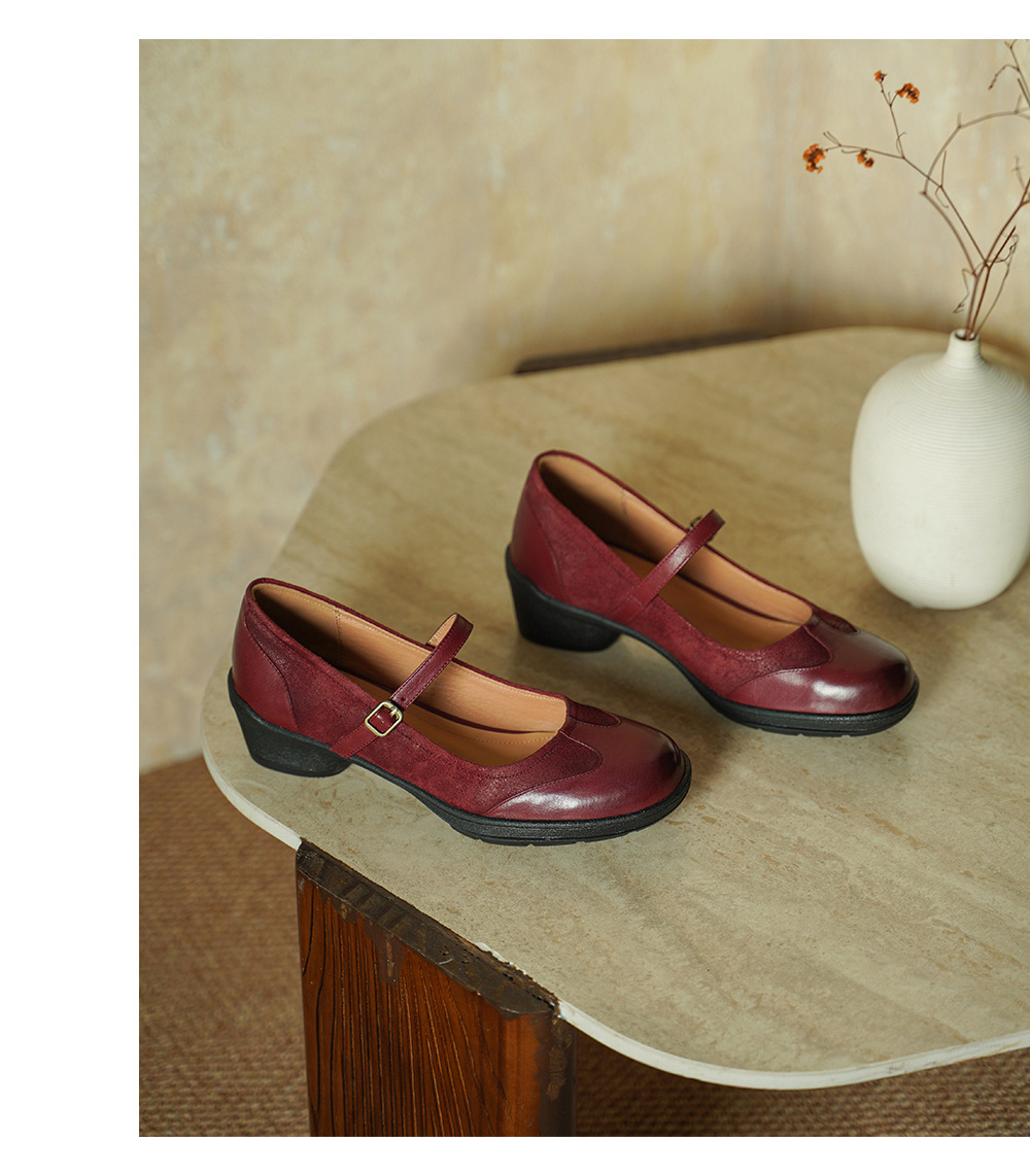 Giày Mary Jane nữ da bò mũi tròn đế mềm gót trung vintage phong cách JK Anh — đen chi tiết 13