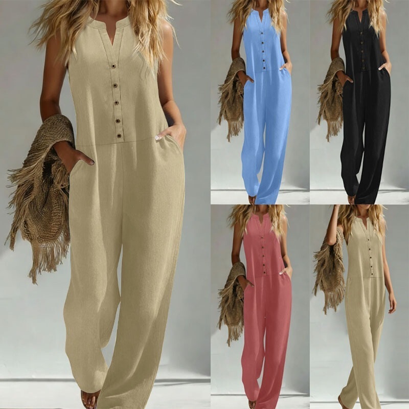 Tiktok European and American Cross-Border Plus-Size Spring and Summer Simple Solid Color Sleeveless Wide-Leg Jumpsuit for Women, Loose and Drapey One-Piece Pants