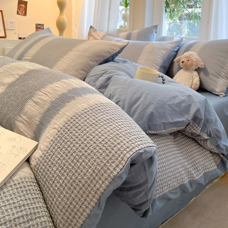 Juego de Ropa de Cama de Cuatro Piezas de Algodón 100% con Tejido Waffle, Modelo 2025, Funda Nórdica, Sábana, Sábana Ajustable, Juego de Ropa de Cama de Algodón Puro.