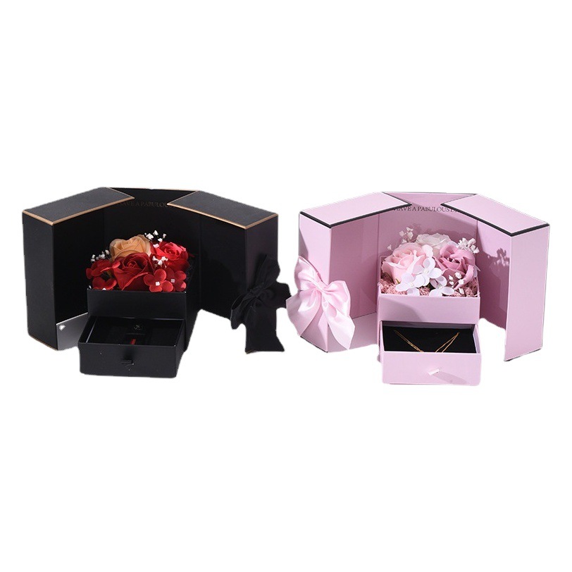Día de San Valentín Inmortal Rose Joyas Caja de regalo Creativa de doble puerta Saponina Flor Lápiz labial Collar Caja de embalaje de regalo