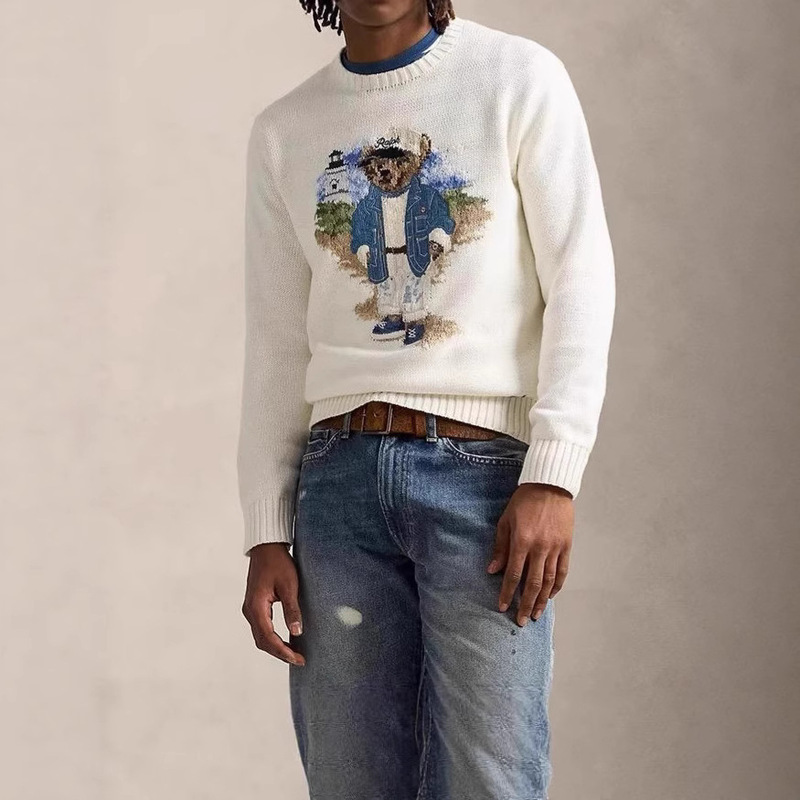 R~L 25 Spring New Polo Heavy Craft Thousand-Stitch Denim Cartoon Bear Embroidery Age-Reducing Versatile Sweater Knitwear