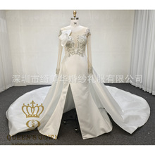 重工奢华缎面鱼尾婚纱礼服手工钻v领长袖高开叉鱼尾婚纱两件套