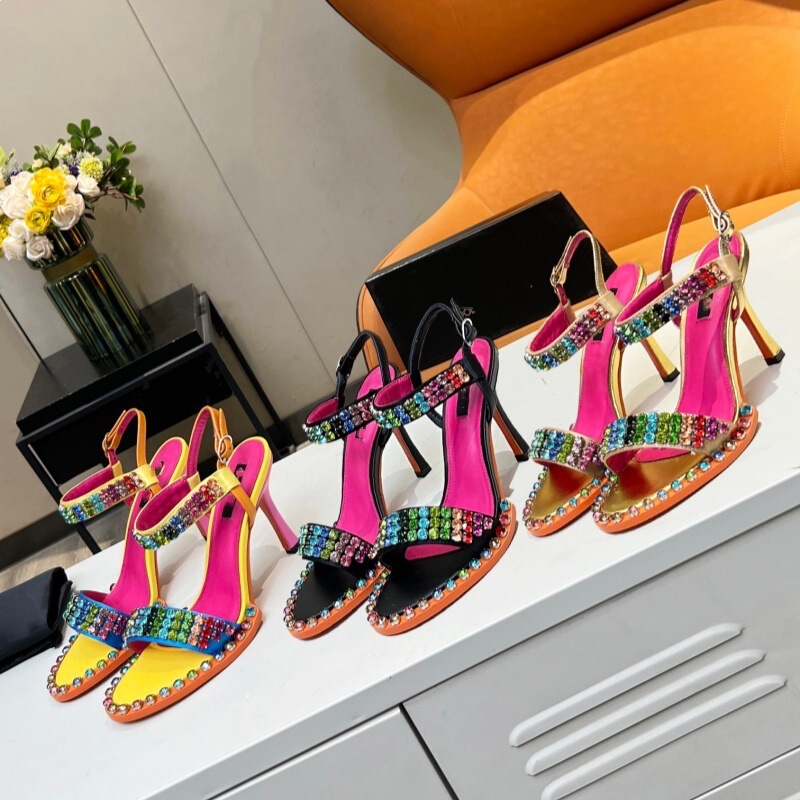 European and American Foreign Trade 2026 Summer Luxury Rainbow-Colored Hand-Embellished Diamond Round-Toe Single-Strap High-Heeled Large Size Sandals