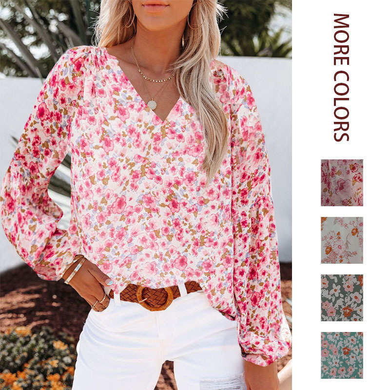2026 New Amazon Autumn and Winter European and American Women's Fashion V-Neck Chiffon Top with Lantern Sleeves Floral Chiffon Blouse