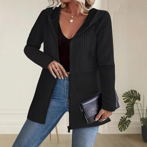 European and American women's autumn and winter solid color corrugated splicing casual loose women's hooded jacket outer
