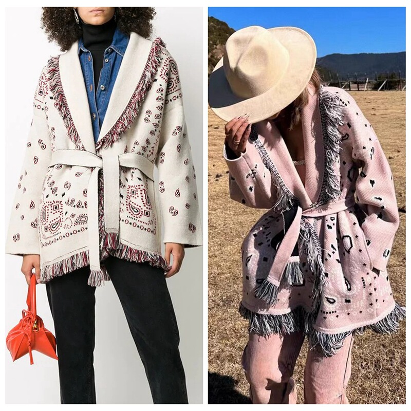 Australian Cross-border Autumn and Winter Wool Jacquard Sweater Coat Niche Retro Tassel Large Lapel Contrast Color Mid-length Cardigan