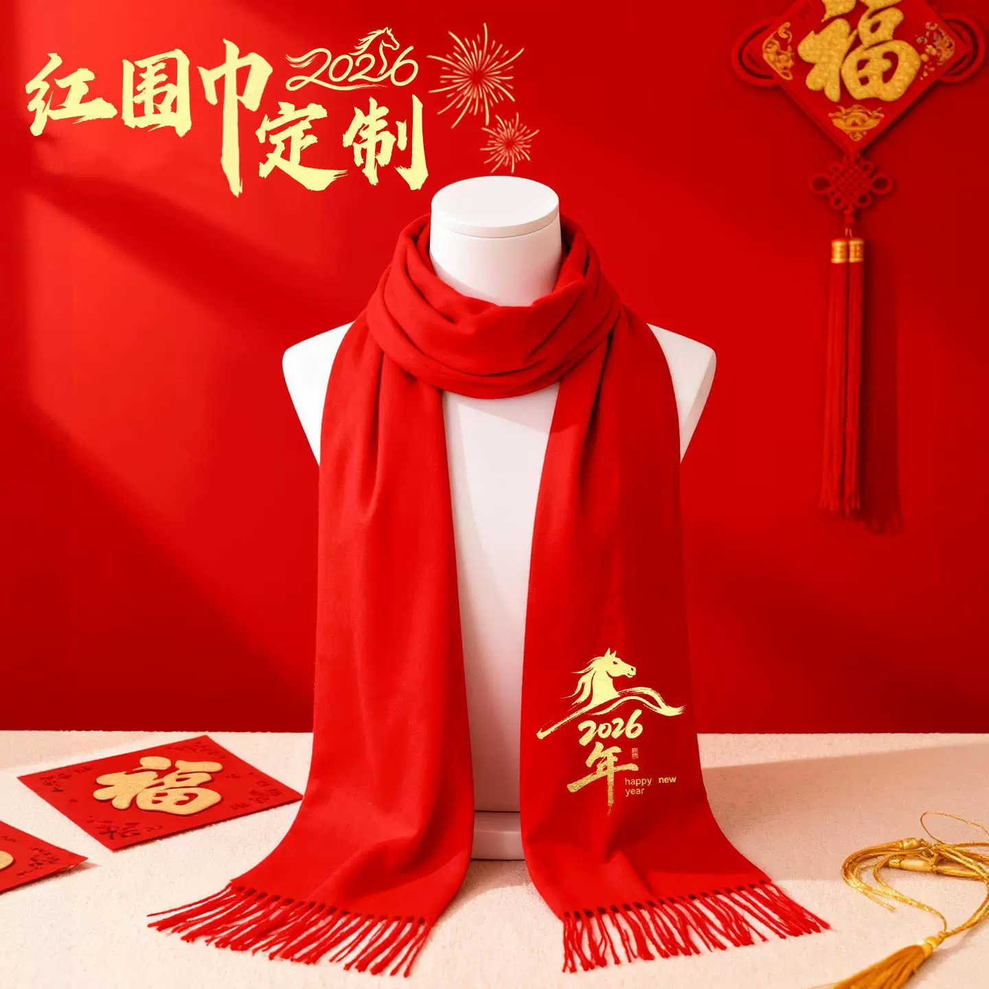 年会红围巾定制LOGO中国红刺绣印字同学聚会公司活动大红色围巾男