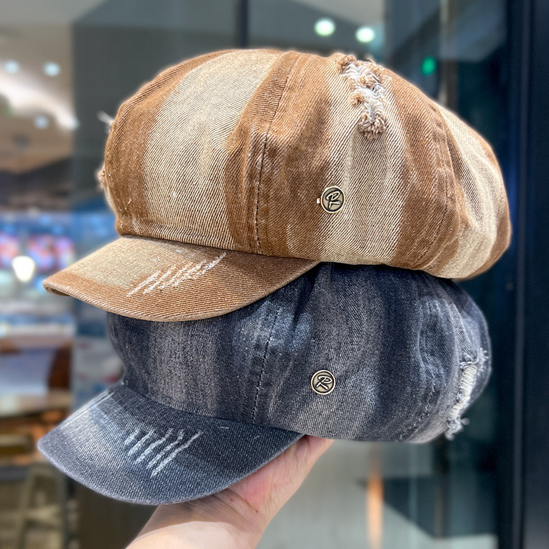 Retro lavado con agua vaquero sombrero de ocho ángulos para mujeres, boina de nube, agujero de moda, sombrero de lengua de pato