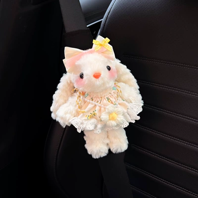 Cute rabbit car seatbelt: Seat belt shoulder pad - pink-cream-bunny-black-shoulder-pads