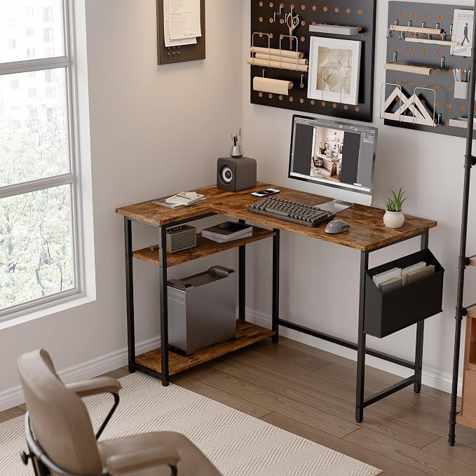 L-shaped computer desk, study office desk with woven bag, small space corner desk, writing and study table