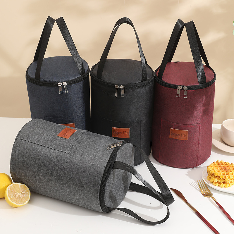 Insulated Thickeneded Large-Capacity Round Lunch Box Bag Satchel Lunch Bag Waterproof Barrel Aluminum Foil Lunch Bag with Rice Lunch Bag