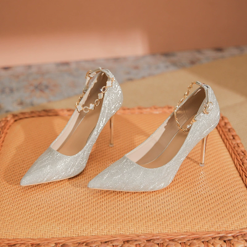 9113-1 четырехлистный клевер на высоком каблуке женские 2023 Новый темперамент остроконечный шпилька с кристаллами Свадебные туфли подружки невесты свадебные туфли