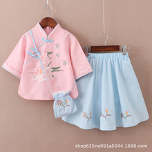 儿童古风旗袍裙子汉服女童古装中国风夏装两件套仙女短袖儿童套装