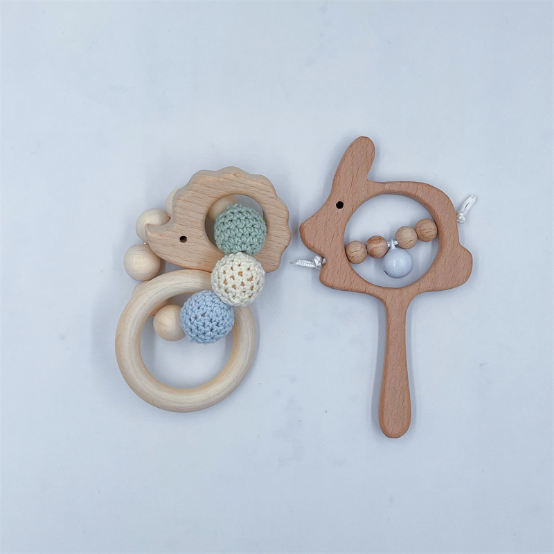 Baby Toys 0-6 DIY Beech Wood Bear Rattle, Colorful Bell, Bed Mobile, Children's Toy, Cartoon Teething Hand Rattle