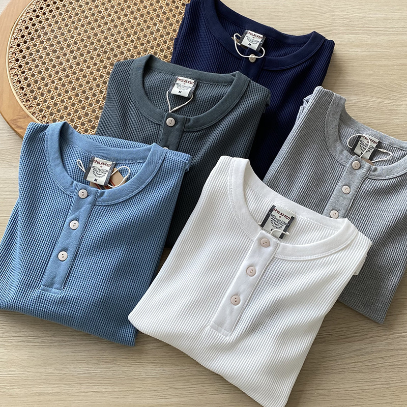 Great Fabric! Very Stylish! All-Cotton Waffle Weave Spring and Autumn Men's Henley Collar Casual Long-Sleeve T-Shirt Base Layer Trendy Top Great Fabric! Very Stylish! All-Cotton Waffle Weave Spring and Autumn Men's Henley Collar Casual Long-Sleeve T-Shirt Base Layer Trendy Top