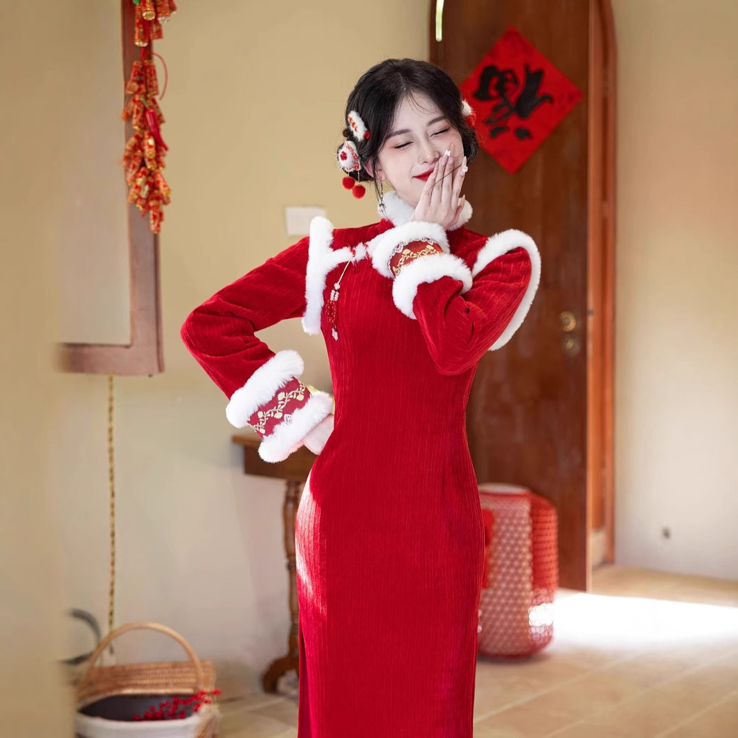 2024秋冬新中式雪尼尔旗袍连衣裙秋冬国风长款长袖加绒小香风旗袍