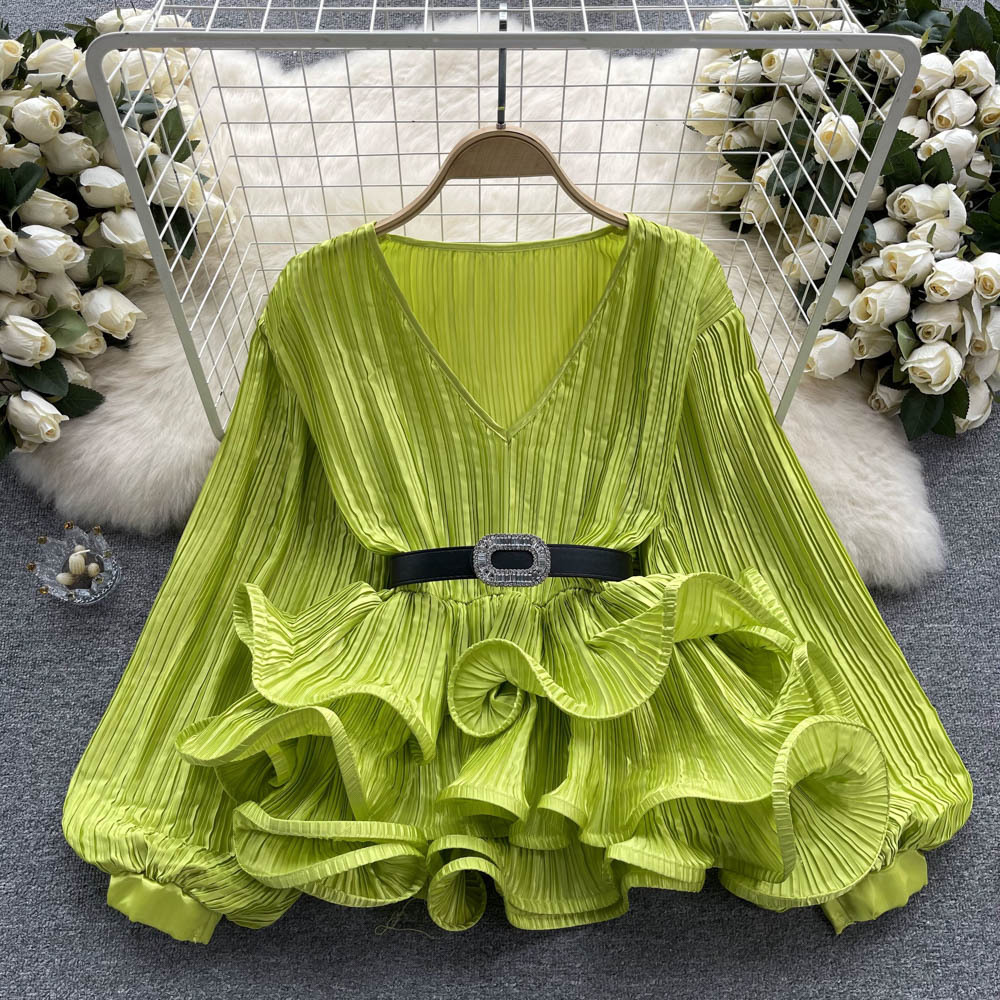 Socialite satin pleated long sleeve elegant loose top women ruffle lantern sleeve niche design V-neck shirt