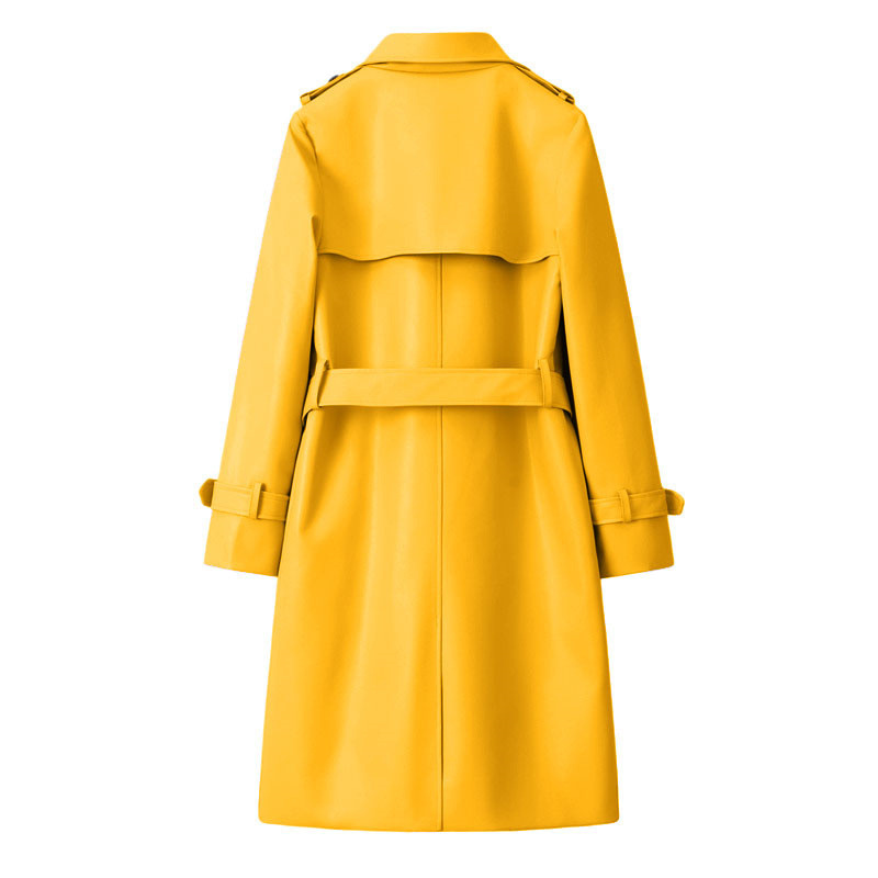 Yellow Pu Leather Trench Coat for Women, Long Style, 2026 Spring and Autumn New Model, High-End Feel, Loose Fit, Waist-Cinching, Casual and Elegant Coat Yellow Pu Leather Trench Coat for Women, Long Style, 2026 Spring and Autumn New Model, High-End Feel, Loose Fit, Waist-Cinching, Casual and Elegant Coat