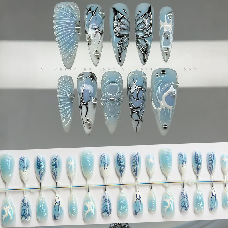 Cross-Border Hot-Selling Almond-Shaped Fake Nails, 30 Pieces, 3D Stereo Wave Pattern, Butterfly Silver Texture, Wearable Nails Wholesale Cross-Border Hot-Selling Almond-Shaped Fake Nails, 30 Pieces, 3D Stereo Wave Pattern, Butterfly Silver Texture, Wearable Nails Wholesale