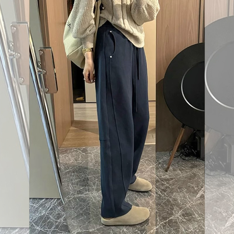 藏青色弯刀卫裤女春秋胖mm大码休闲显瘦哈伦直筒宽松运动裤小个子|undefined