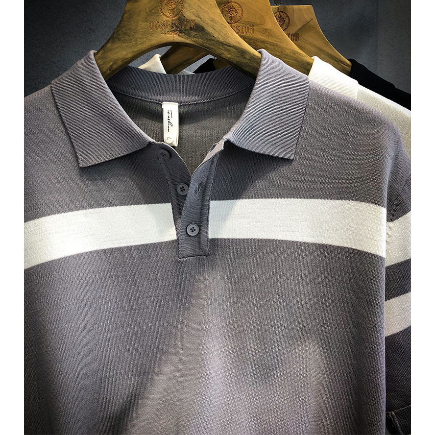 POLO suéter de punto de manga corta con solapa para hombre, verano, seda de hielo, rayas, color a juego, negocio, delgado, marea, comercio exterior, venta al por mayor transfronteriza