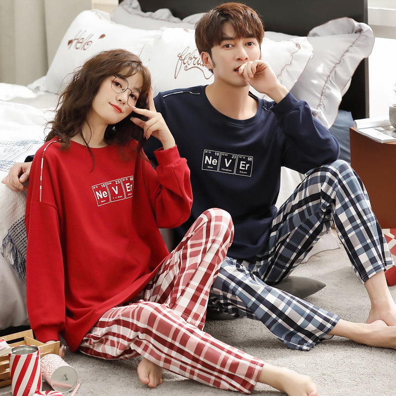 Spring and Autumn Cross-Border Popular Pure Cotton Couple Pajamas Men's Long-Sleeved Women's Round Neck Pullover Home Clothes Set Can Be Worn Outside