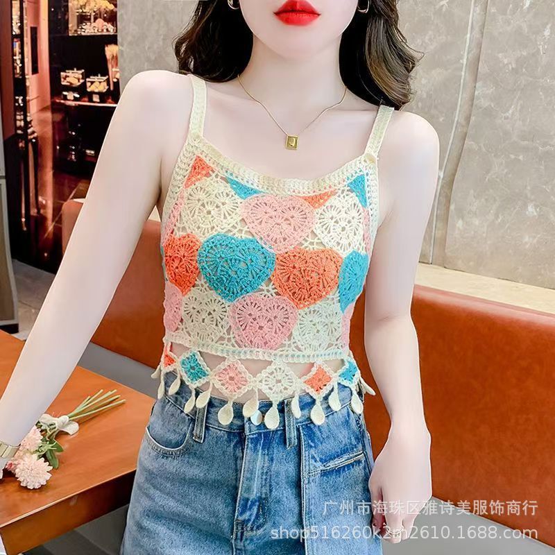 New Sweet and Cute Heart Color-Blocked Knitted Camisole for Women in Summer Hot Girls with Exposed Navel Outer Wear Trendy Tops New Sweet and Cute Heart Color-Blocked Knitted Camisole for Women in Summer Hot Girls with Exposed Navel Outer Wear Trendy Tops