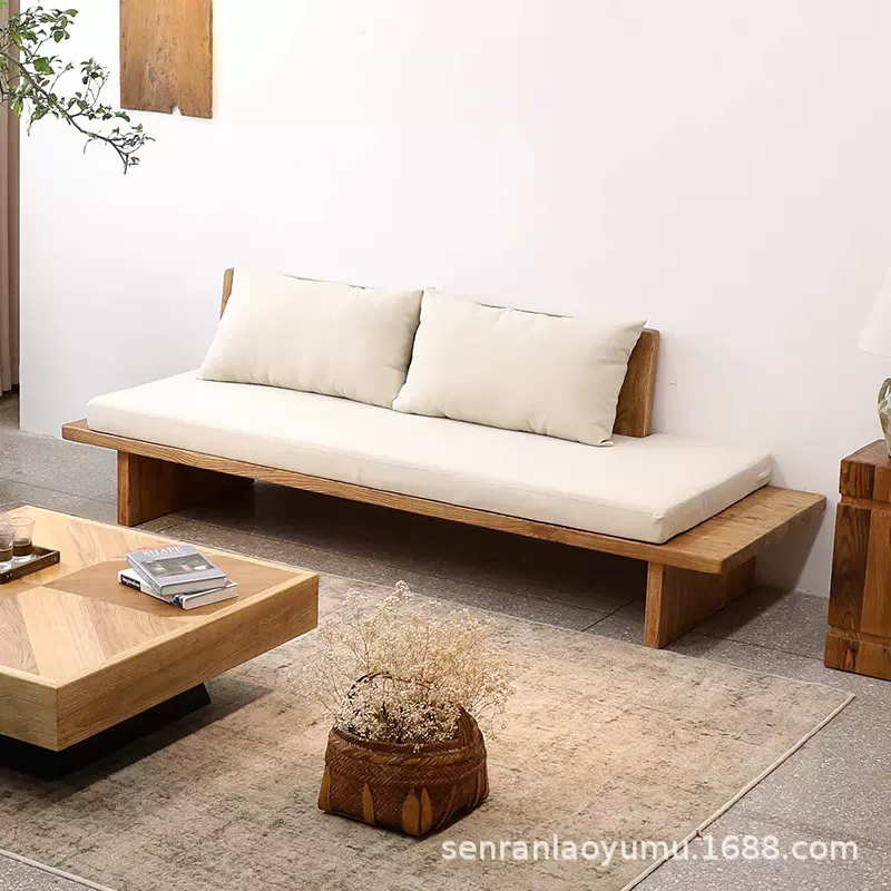 侘寂风实木沙发民宿地台沙发原木转角布艺可拆洗大平层老榆木沙发