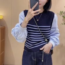 女装新款假两件针织衫女早秋学院风宽松衬衫拼接上衣韩版圆领