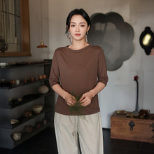 鹿与安笛夏季新款短袖针织亚麻t恤女圆领纯色打底衫休闲百搭上衣