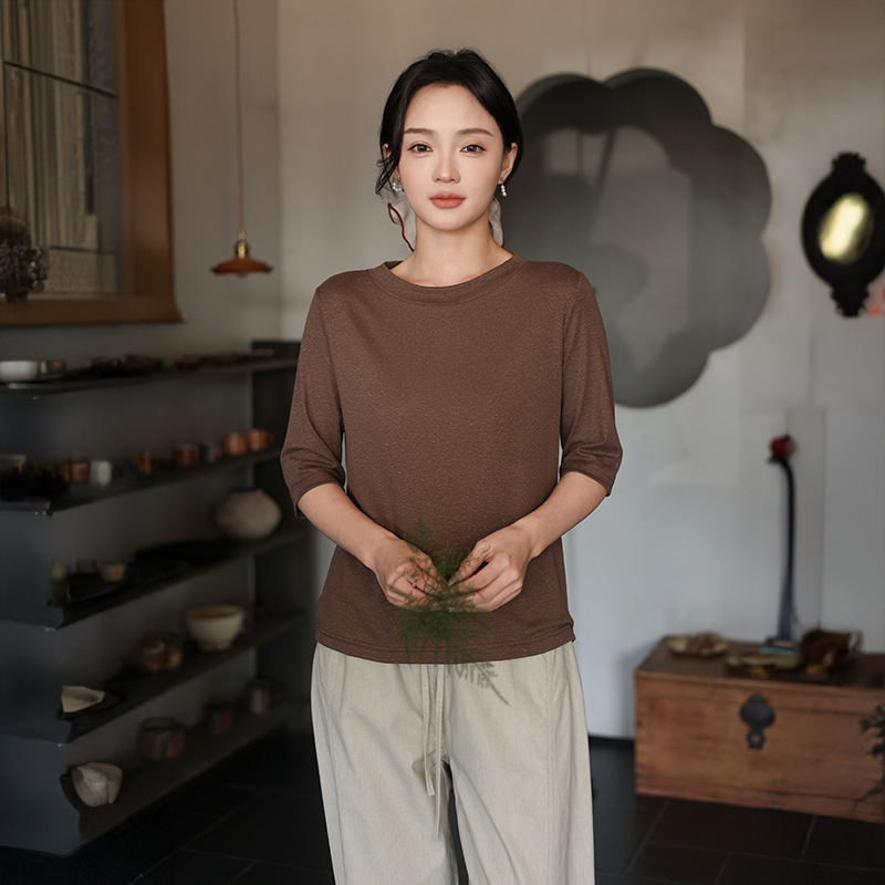 Deer and an Di Summer New Short-Sleeve Knitted Linen T-Shirt for Women, Round Neck, Solid Color, Casual Versatile Top Deer and an Di Summer New Short-Sleeve Knitted Linen T-Shirt for Women, Round Neck, Solid Color, Casual Versatile Top