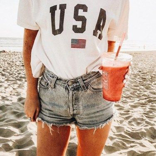 Harajuku Summer Women T-shirts Casual USA Flag Printed Tops