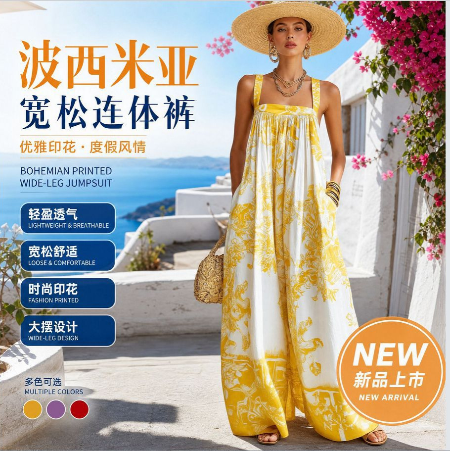 New European and American retro blue and white porcelain loose-fitting suspender jumpsuit, Bohemian style, elegant and light luxury wide-leg pants, export
