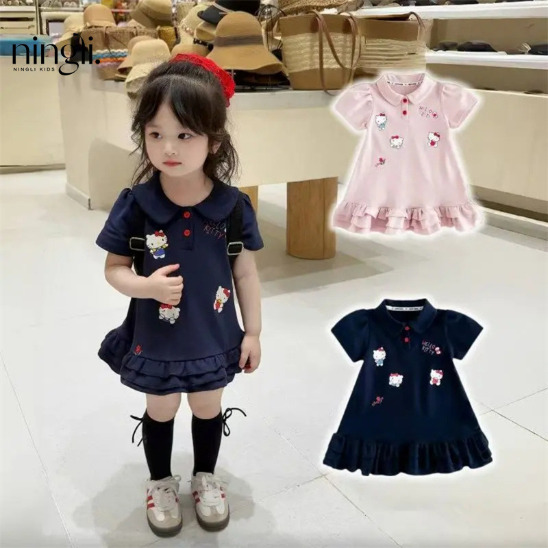Lime summer new 25 foreign style casual short sleeve girls polo dress Korean cartoon girls dress fashion