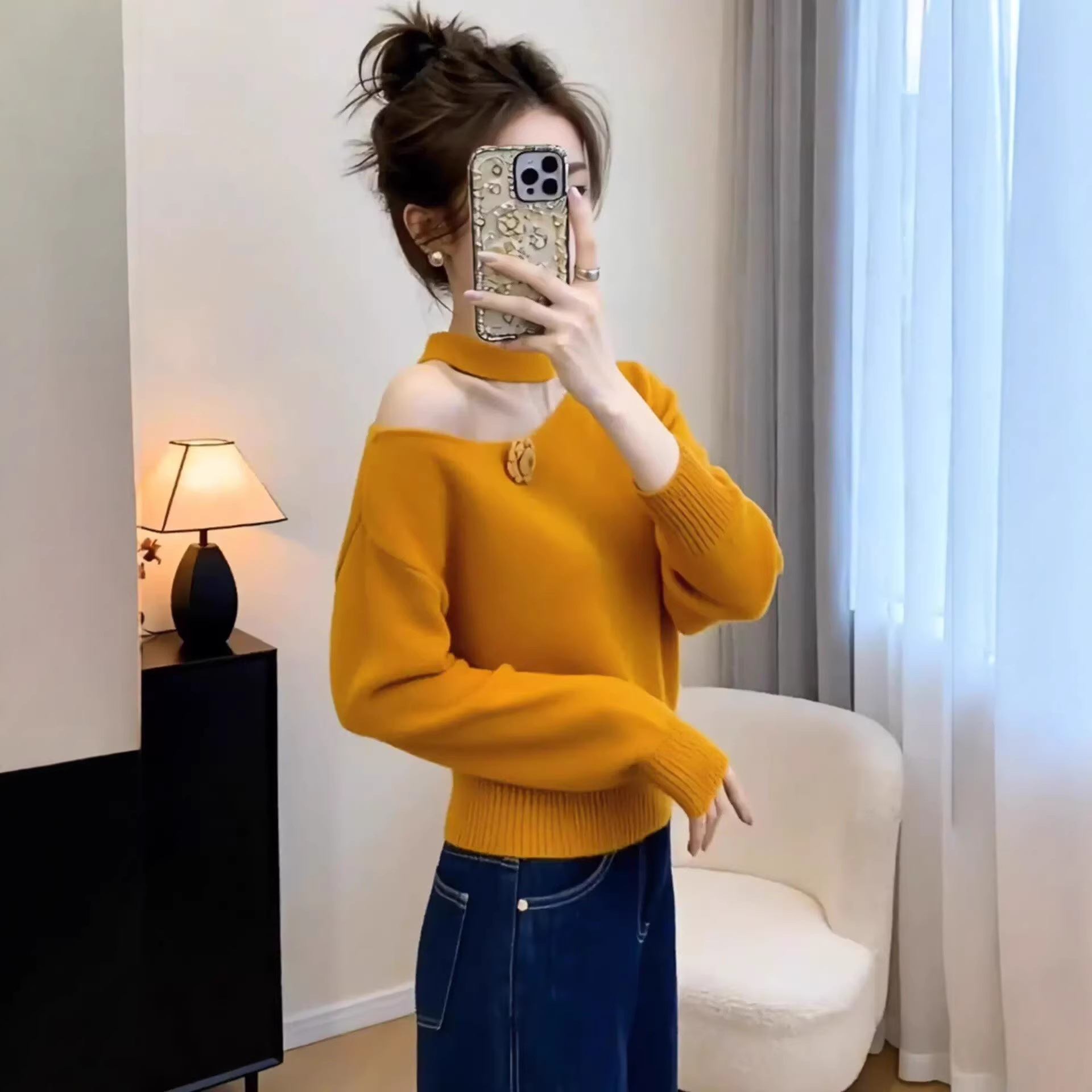 Áo len hoa nữ hở vai cổ yếm phong cách ôn nhu — màu cam chi tiết 1